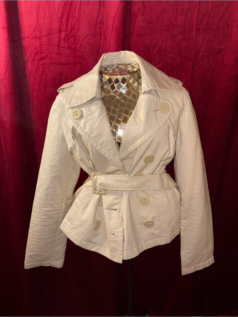Candie's Cream Double-Breasted Belted Leather Jacket